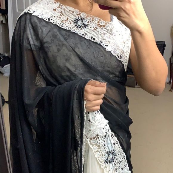 Black and white shimmer net heavy work saree - Picture 4 of 7